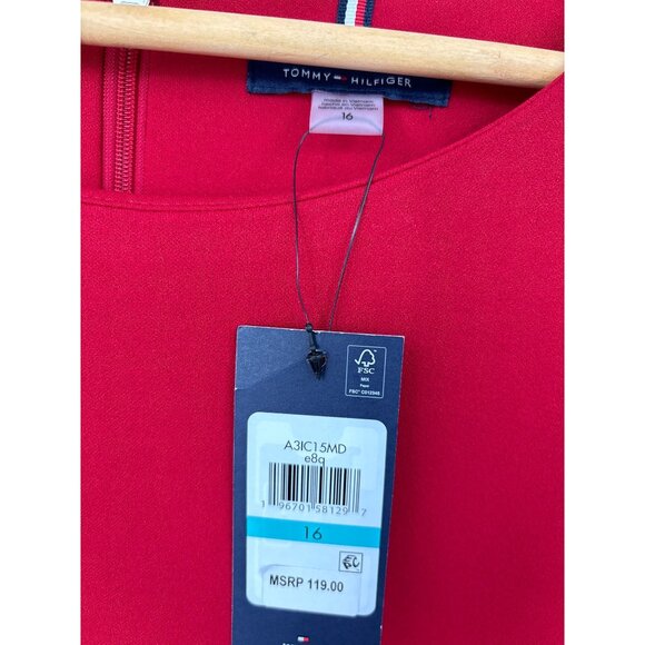 Tommy Hilfiger Shift Puff Sleeve Dress Ruffle Hem Red 16 NEW - Picture 3 of 6